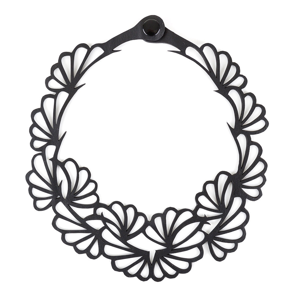 Paguro Upcycle black laser cut floral collar upcycled vegan flower necklace with scalloped petals and snap closure