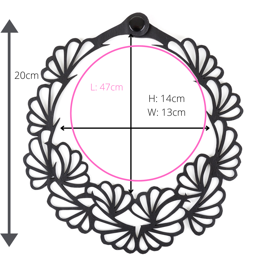 Paguro Upcycle upcycled vegan flower necklace black laser cut scalloped floral bib pendant 20 cm drop 47 cm chain