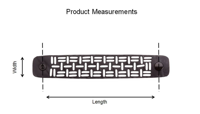 Black recycled rubber bracelet from Paguro Upcycle showing product measurements with width and length labeled