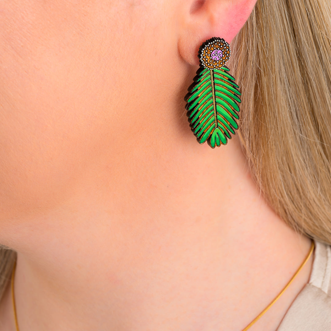 Paguro Upcycle green leaf reclaimed wood earrings worn on ear
