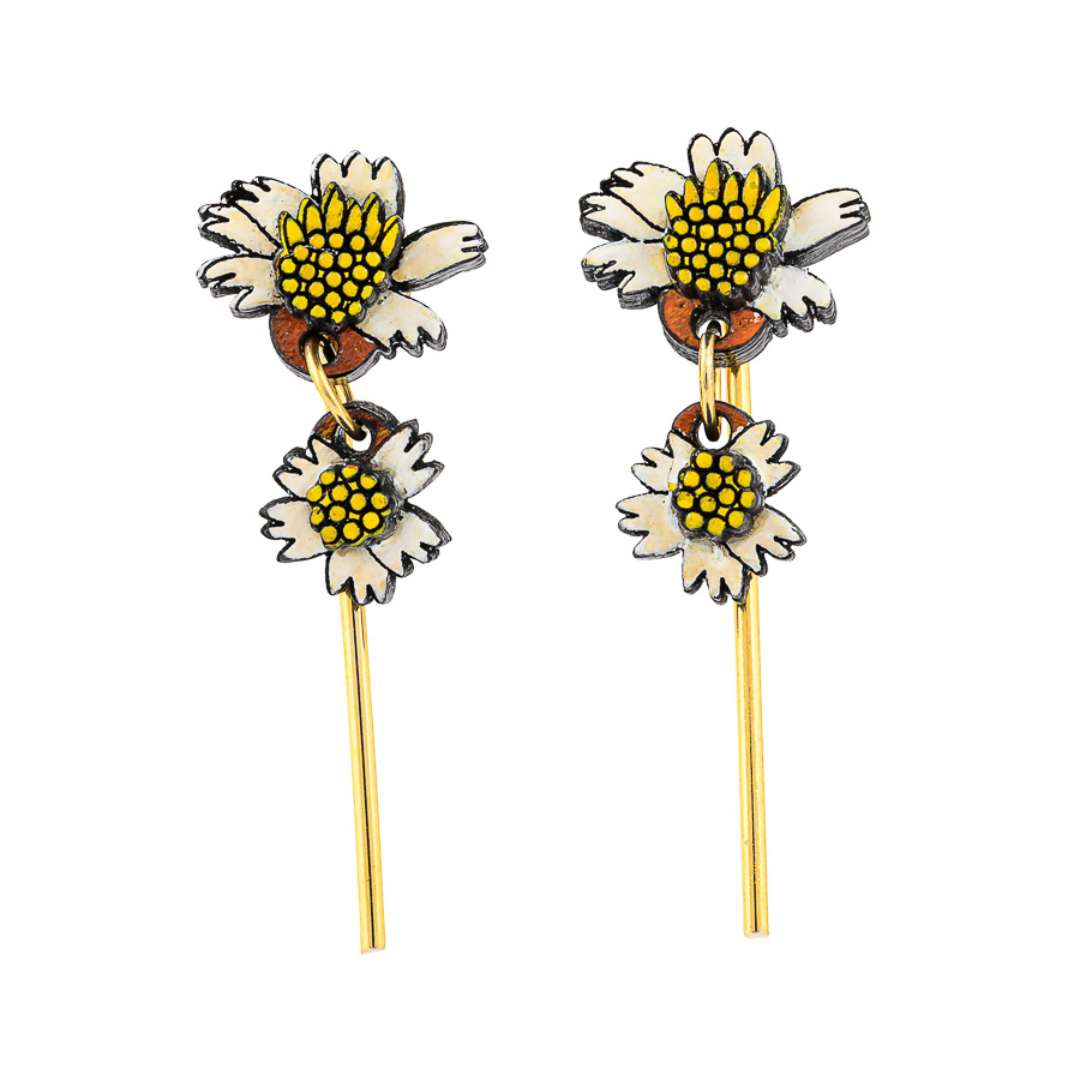 Paguro Upcycle reclaimed wood earrings with hand-painted yellow and white flower design and gold-tone dangle rods