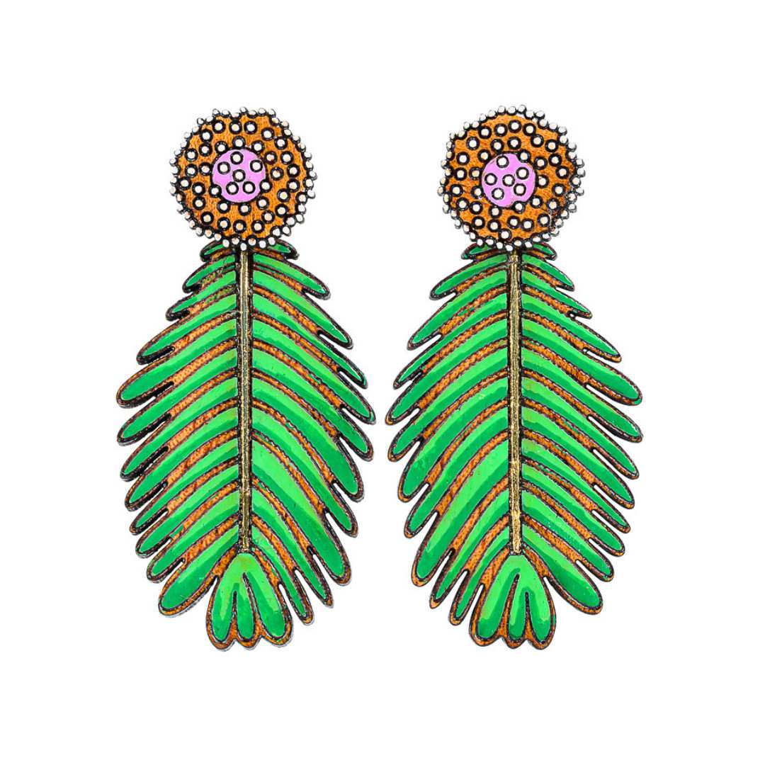 Paguro Upcycle vibrant green and orange reclaimed wood earrings shaped like leaves with dotted circular tops