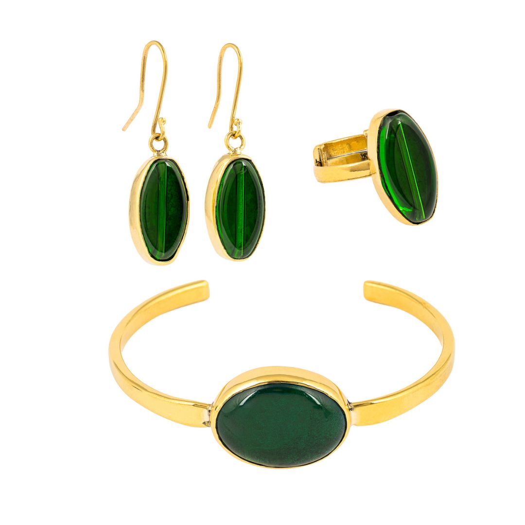 Paguro Upcycle recycled glass ring with matching green glass earrings and gold bracelet set