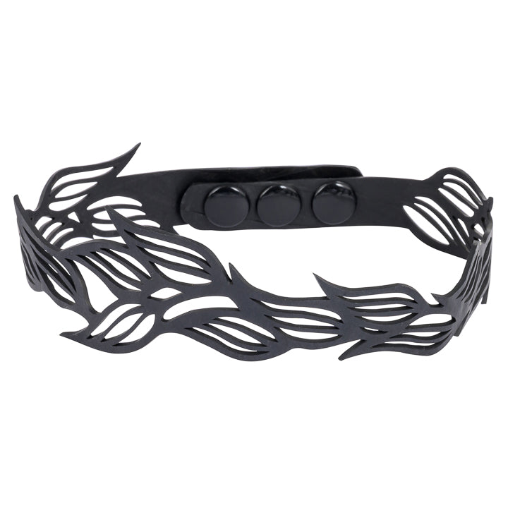 Paguro Upcycle black recycled rubber choker necklace with intricate cut-out leaf design and adjustable snaps