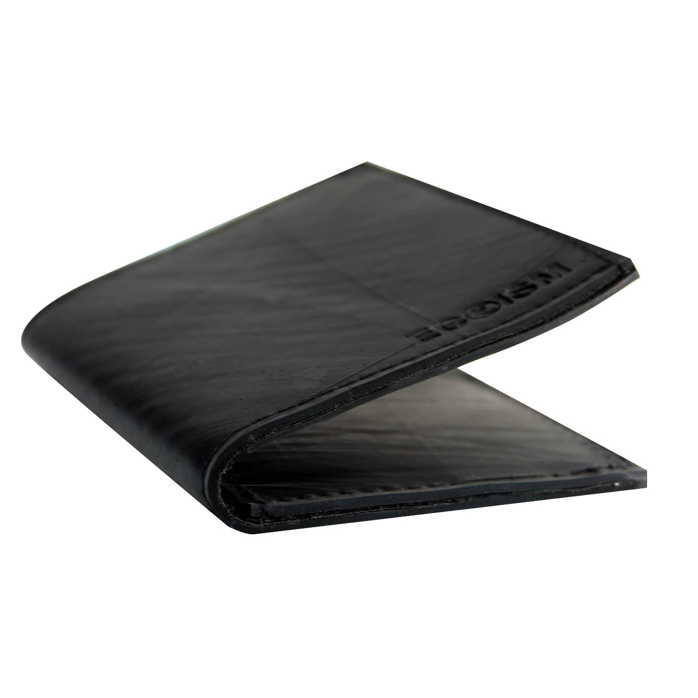 Paguro Upcycle black recycled rubber wallet with slim, minimalist design and embossed logo