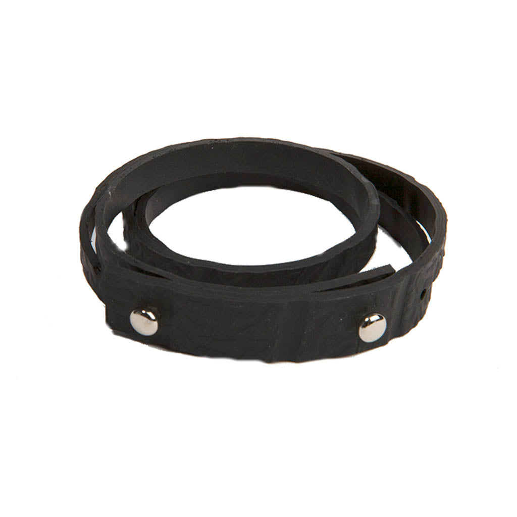 Paguro Upcycle black recycled rubber bracelet with silver snap buttons and textured design