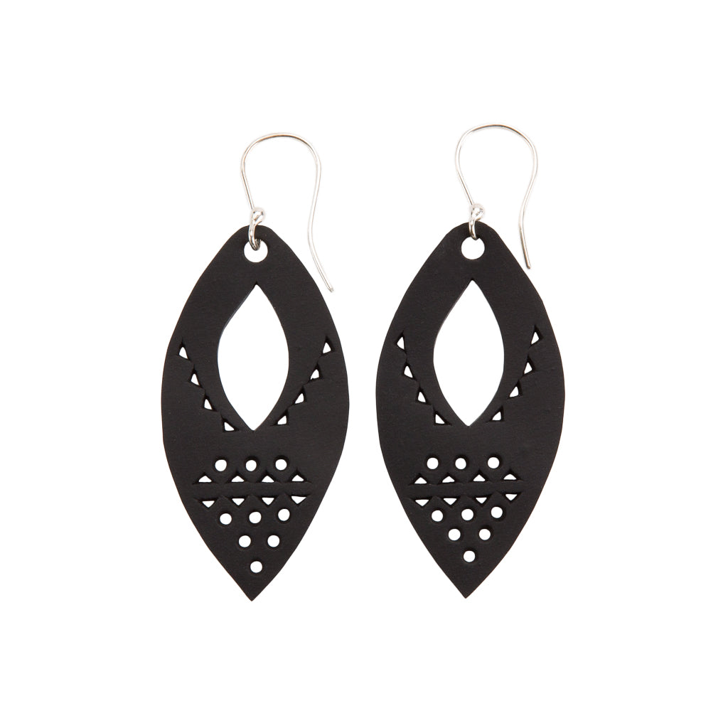 Paguro Upcycle recycled rubber earrings black leaf shape with geometric cutout design and silver hooks