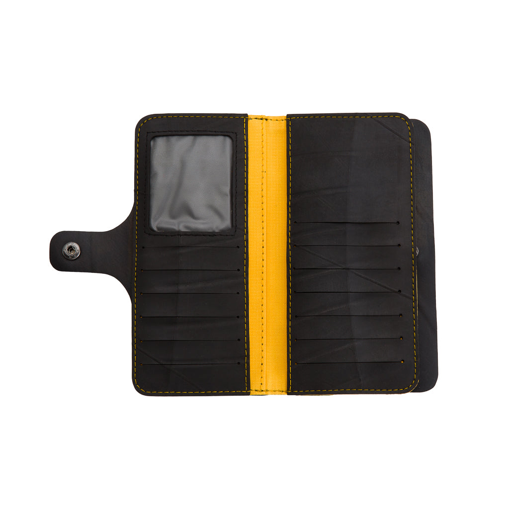 Paguro Upcycle recycled rubber vegan purse wallet with yellow interior and multiple card slots