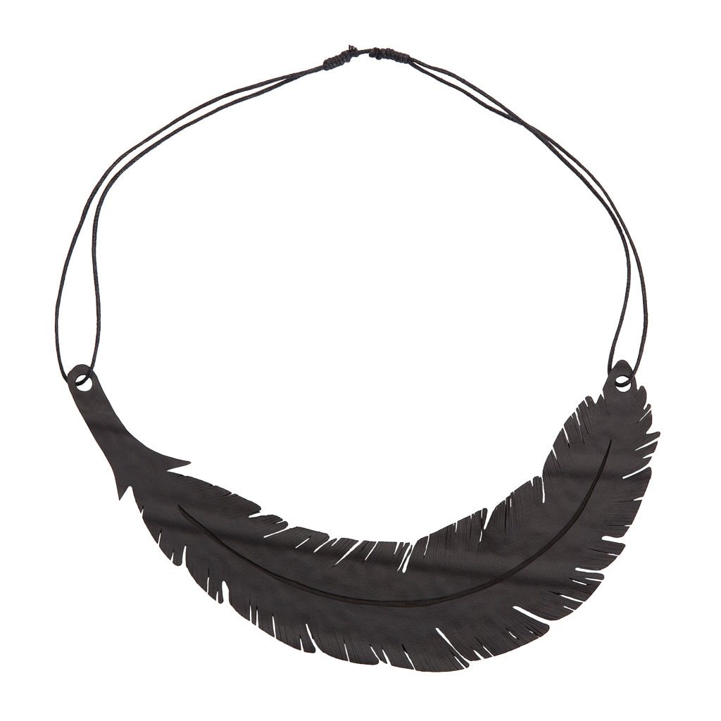 Paguro Upcycle black upcycled feather necklace with adjustable cord and detailed feather design