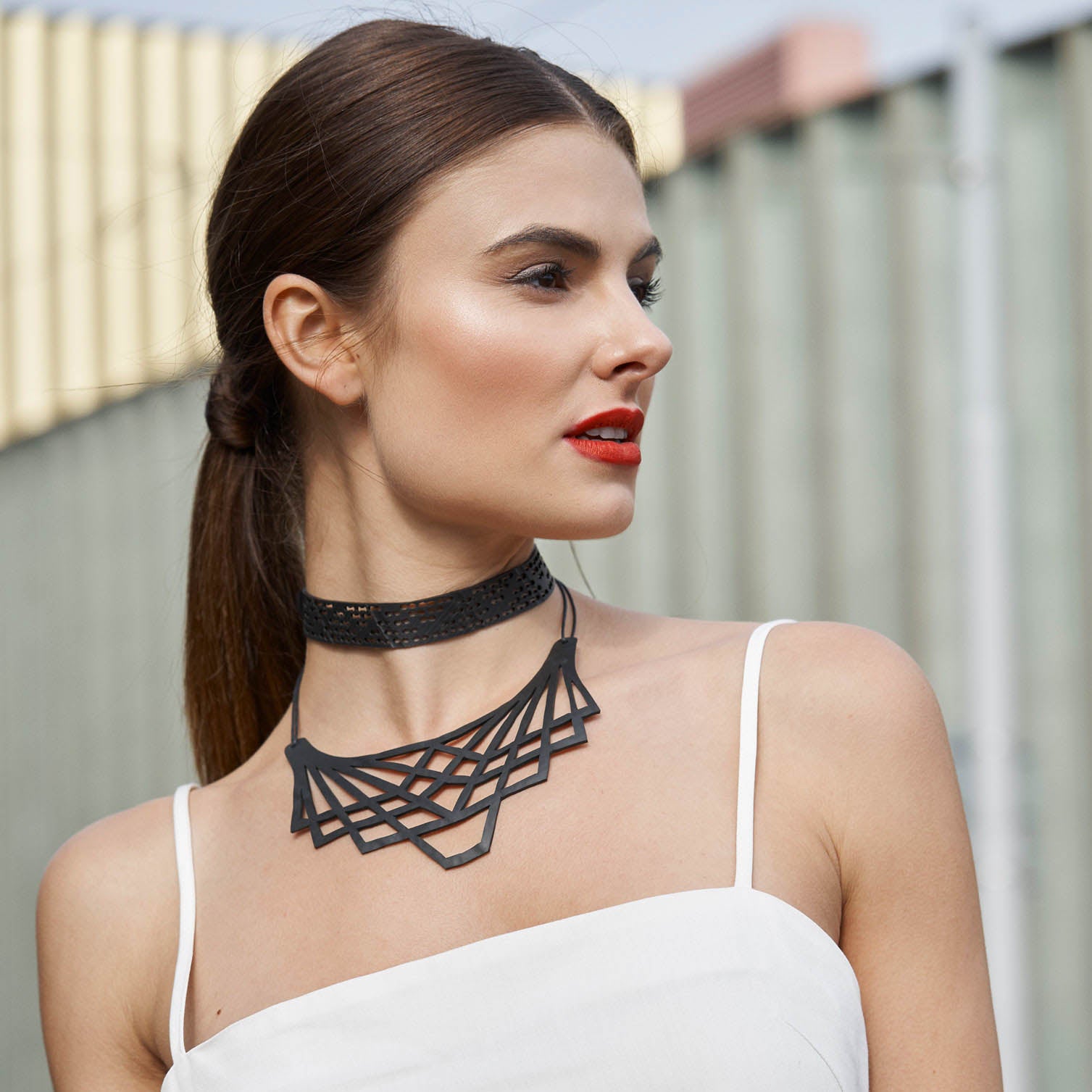 Paguro Upcycle upcycled inner tube necklace geometric black statement pendant and textured choker on model