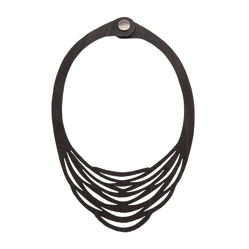 Paguro Upcycle black layered cutout collar necklace with snap closure vegan statement necklace for women