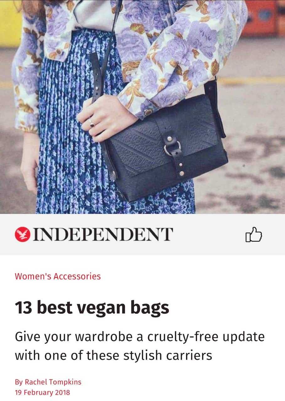 Stylish Paguro Upcycle recycle rubber vegan handbag with sleek design for eco-conscious fashion featuring in Independent newspaper review