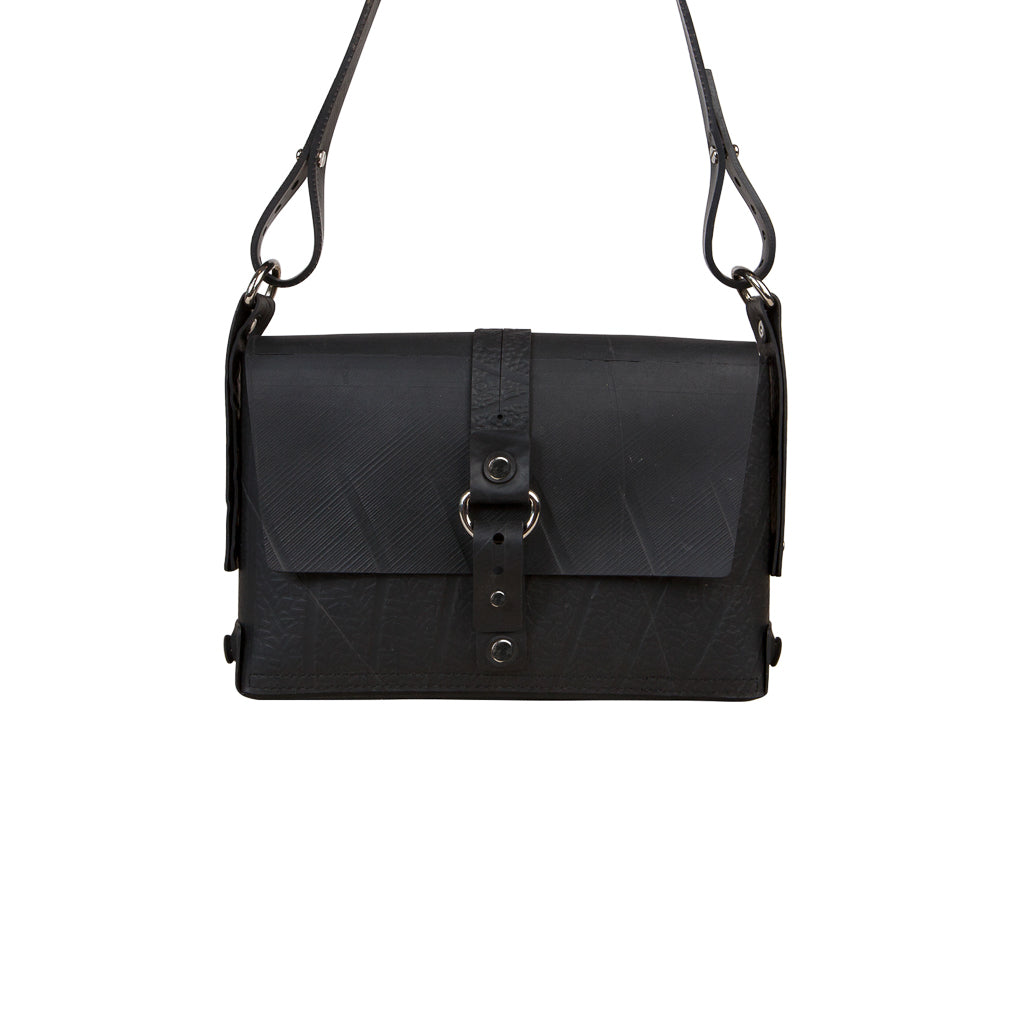 Paguro Upcycle black recycle rubber vegan handbag with adjustable strap and stylish design
