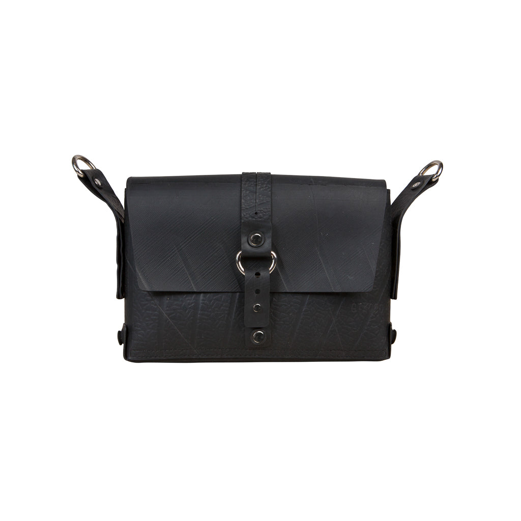 Paguro Upcycle black recycle rubber vegan handbag with adjustable straps and stylish design