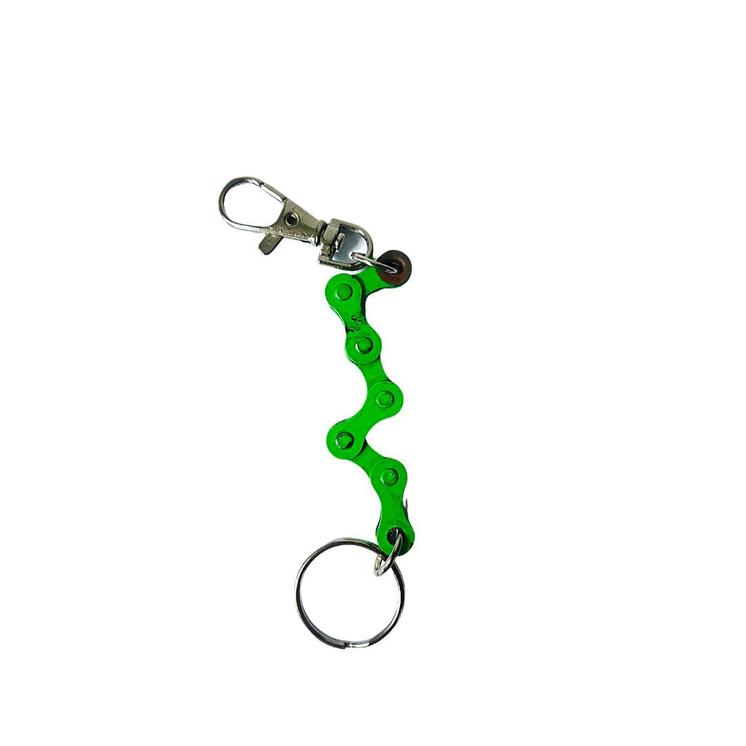Paguro Upcycle recycled bike chain keyring in bright green with metal clasp and key ring