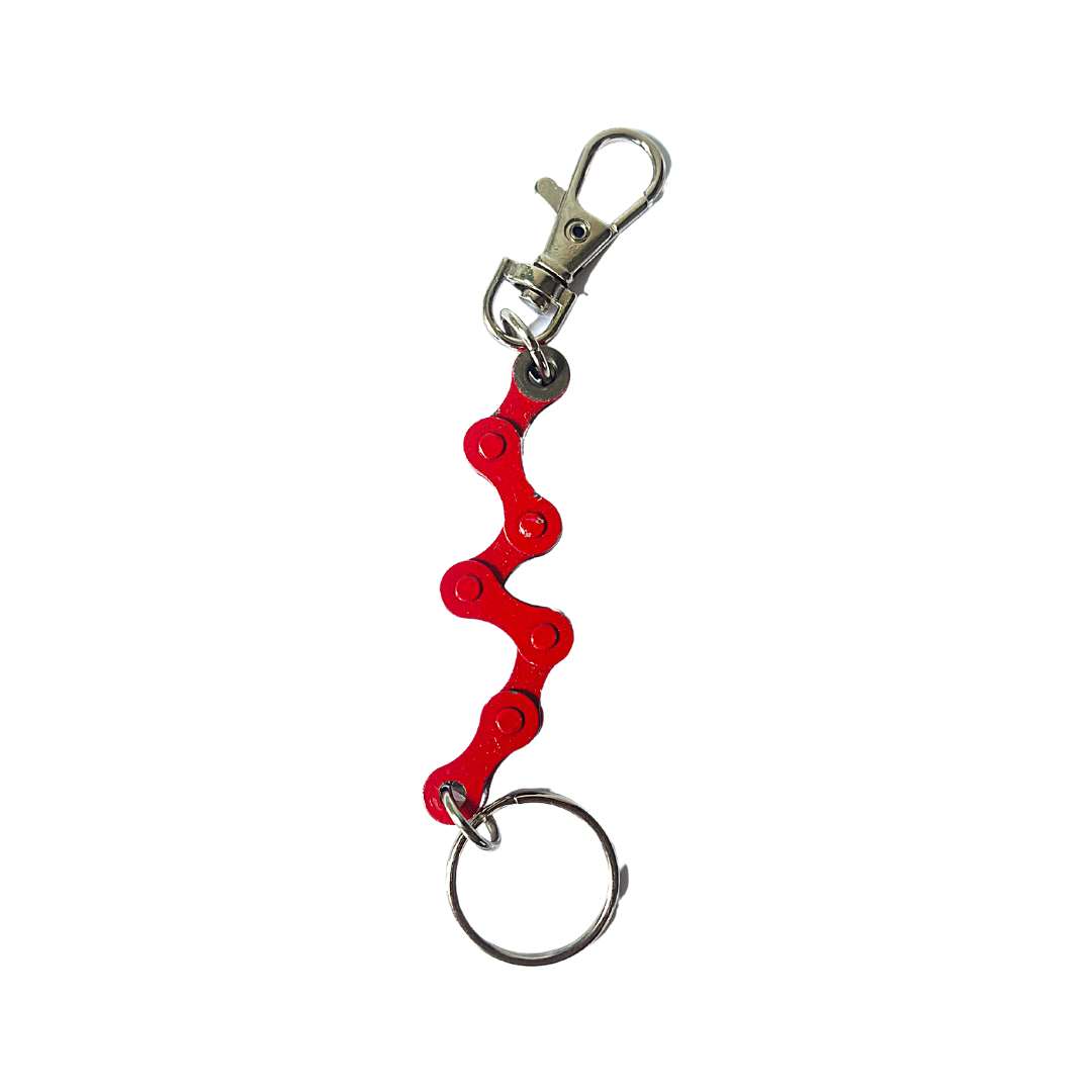 Paguro Upcycle recycled bike chain keyring in red with metal clip and key ring