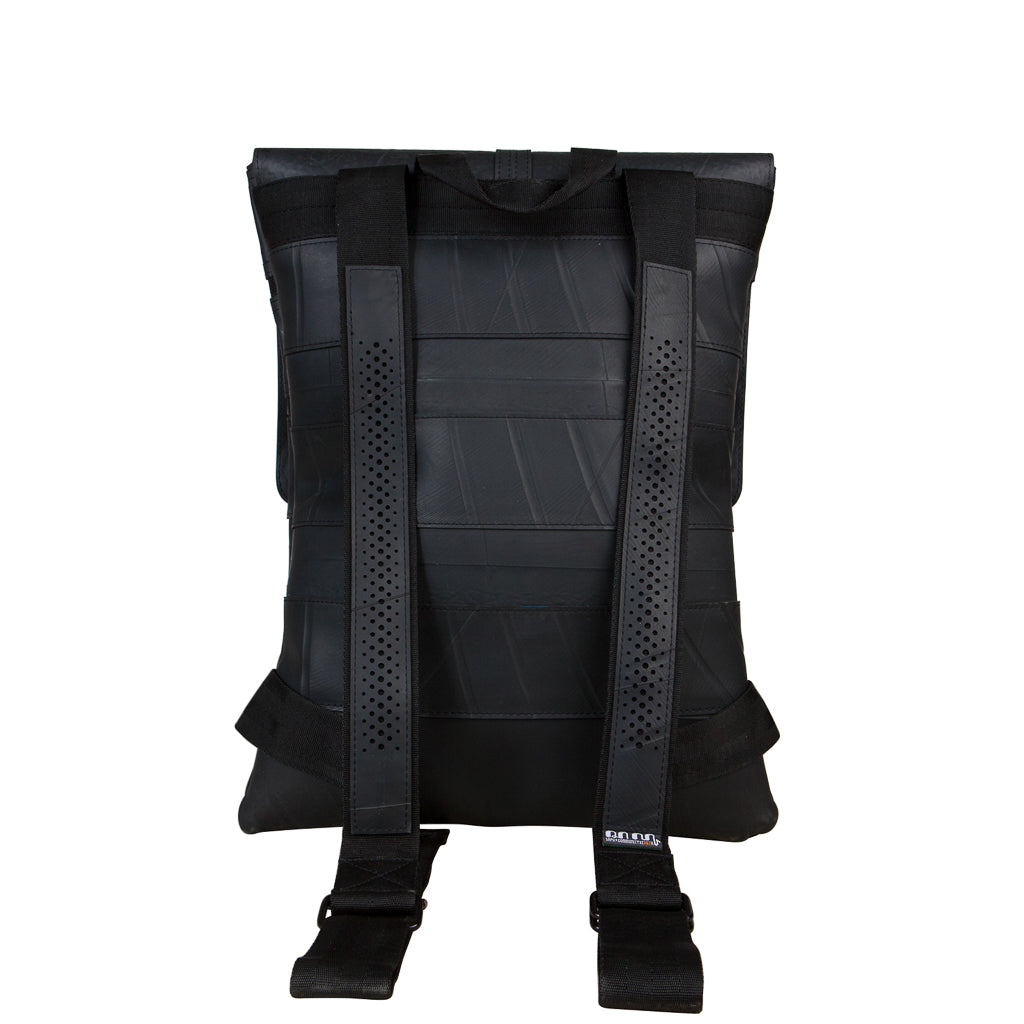 Paguro Upcycle vegan inner tube backpack in black with adjustable padded shoulder straps