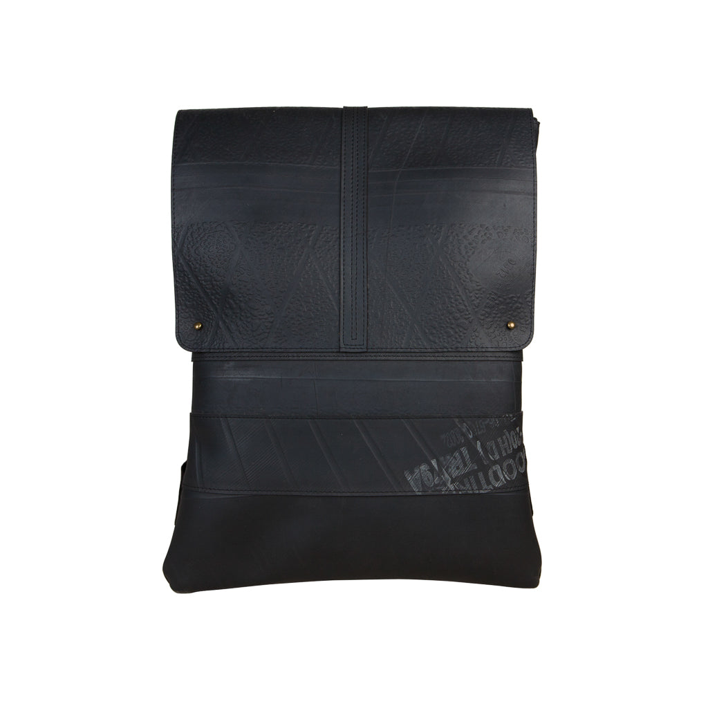 Black vegan inner tube backpack by Paguro Upcycle with fold-over flap and durable eco-friendly design