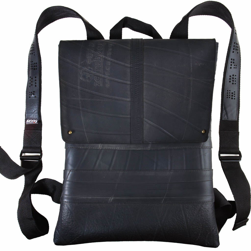 Paguro Upcycle black vegan inner tube backpack with adjustable straps and fold-over flap