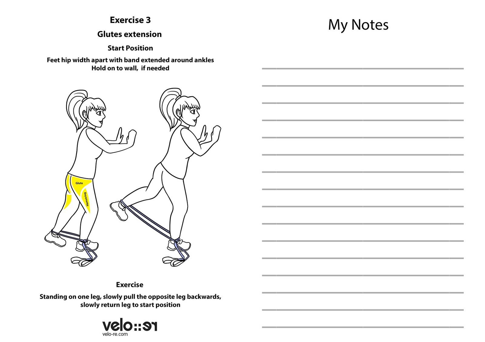 Illustration showing glutes extension exercise using a yellow upcycled resistance band by Paguro Upcycle