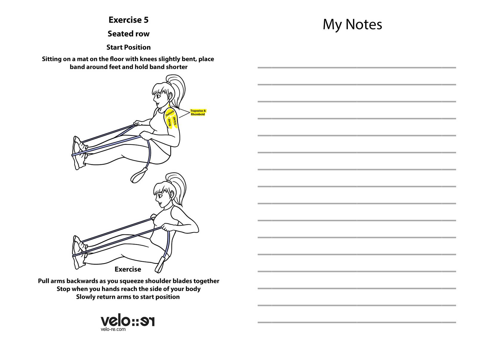 Illustration showing seated row exercise using upcycled resistance band with step-by-step instructions