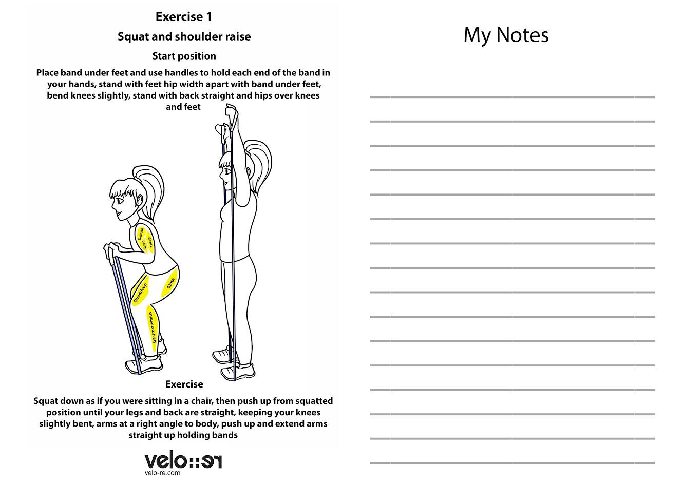 Exercise instruction sheet showing squat and shoulder raise using upcycled resistance band by Paguro Upcycle